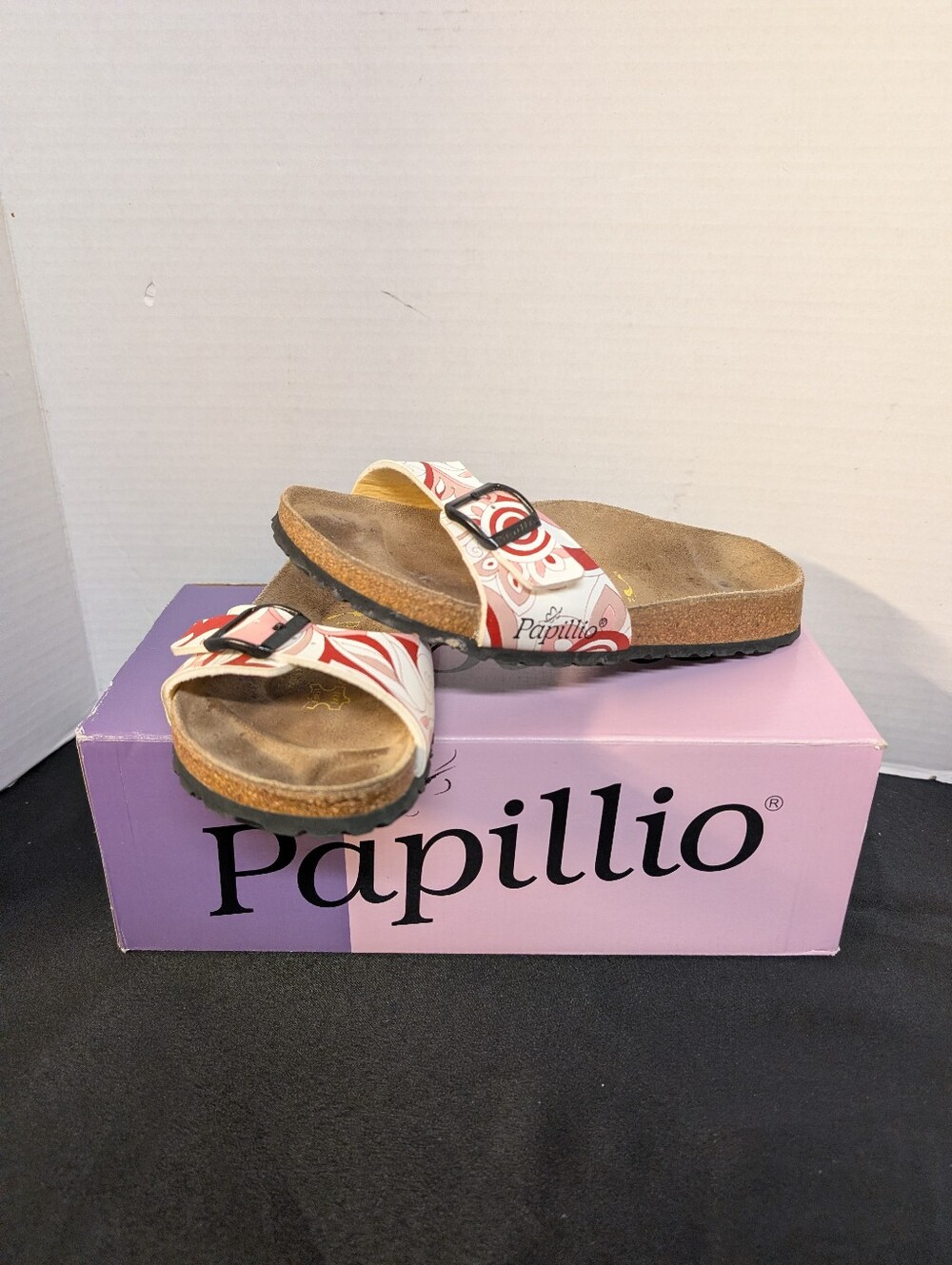 Papillo Birkenstock  red white floral single strap slide sandals EU36